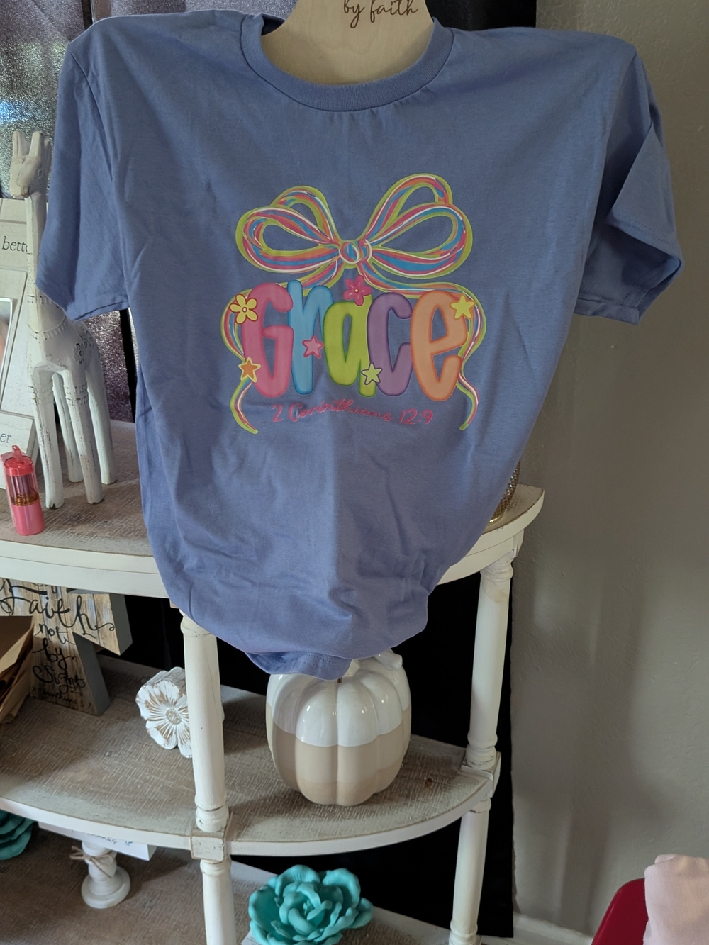 Gildan Light Blue Women's Tee with Colorful 'Grace' Bow Graphic